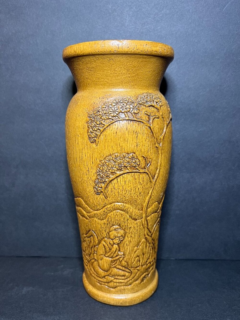 Vintage 1981 CAP Brown Faux Wood Oriental Geisha, Pavilion & Tree Scene Vase 8"